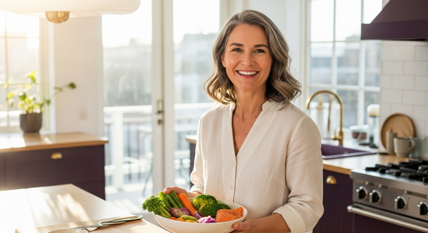Femme de 50 ans rayonnante et en forme dans sa cuisine